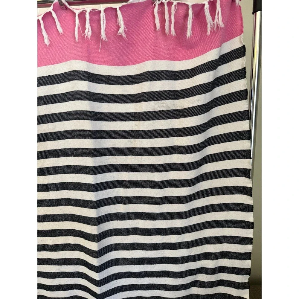 Victorias Secret Beach Blanket Throw Black/White/Pink Striped w/Logo 40X56
